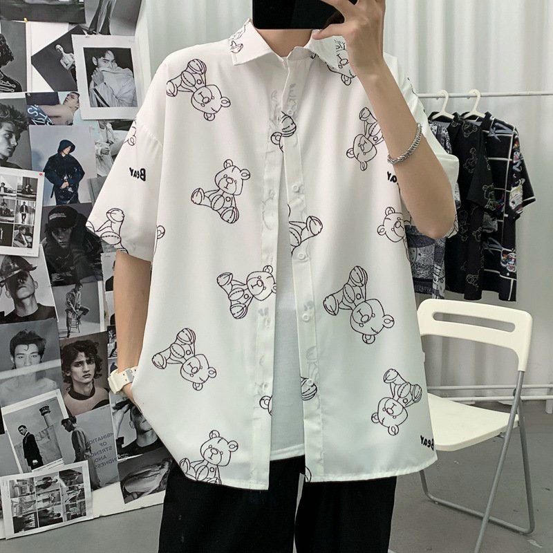 Áo sơ mi nam nữ đều mặc được kiểu tay lỡ form rộng Unisex in hình vẽ nét TeddyBear chibi siêu hot