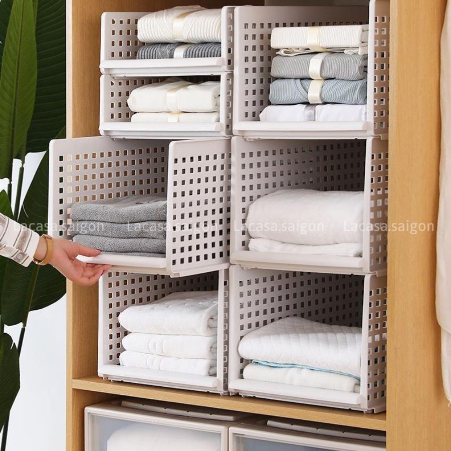 (LOẠI DÀY) Kệ đựng quần áo ngăn kéo trượt xếp tầng thông minh - Stackable Basket Organizer Pull Out Drawers for storage
