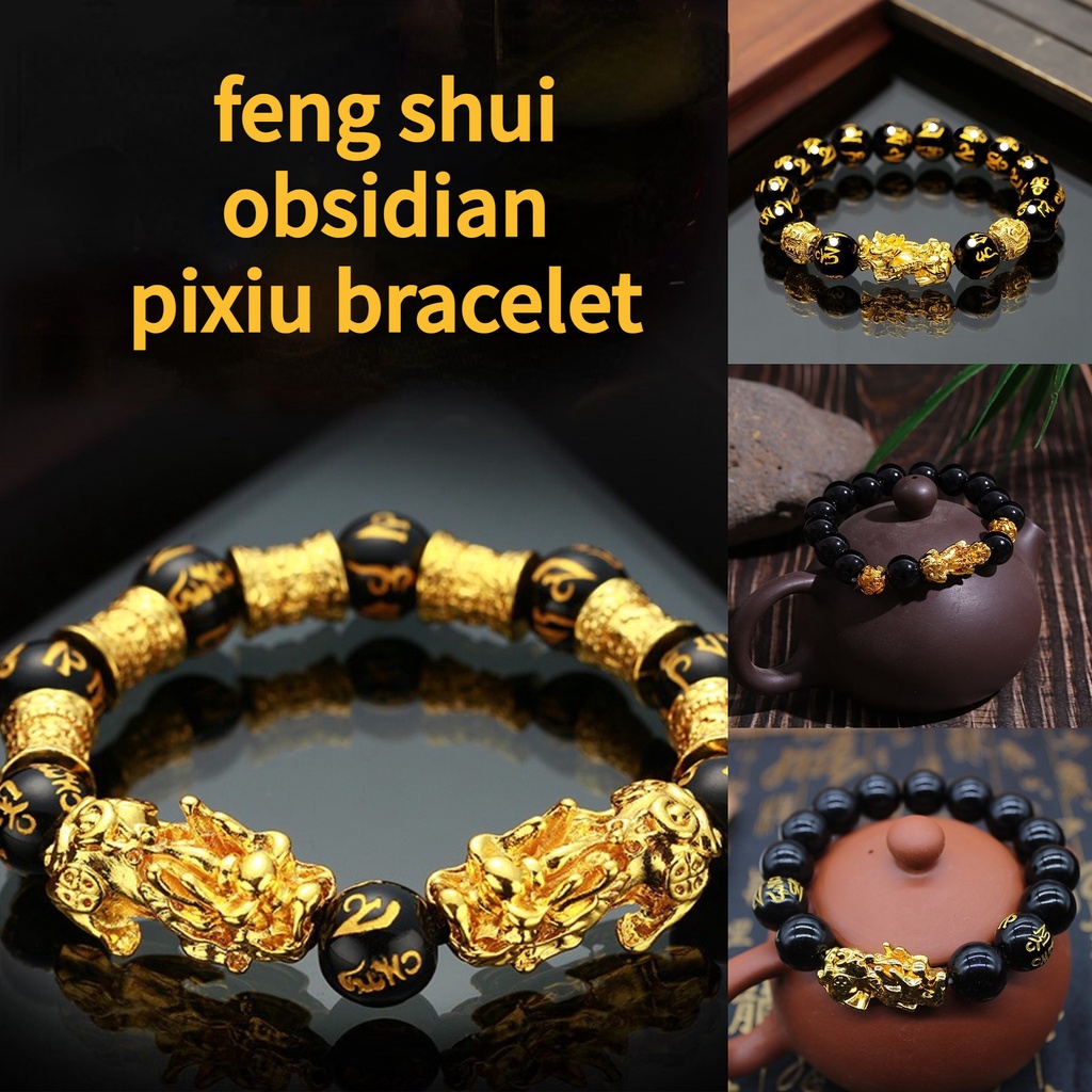 Vòng Tay Chuỗi Hạt Đá Obsidian Màu Vàng Đen Pixiu May Mắn Cho Nam Và Nữ