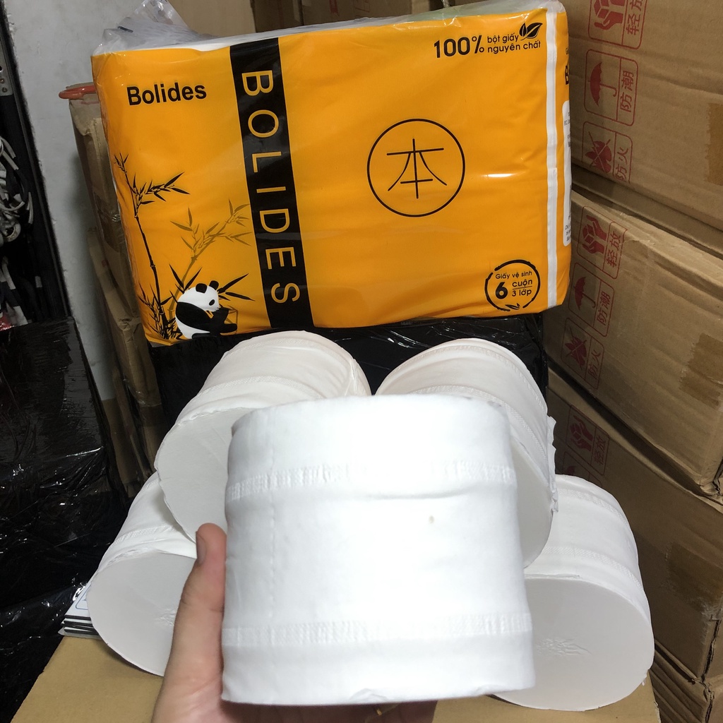 Bịch 6 cuộn giấy vệ sinh BOLIDES cao cấp 3 lớp, không lõi, khăn giấy cuộn Bolides dai mịn, giấy gấu trúc