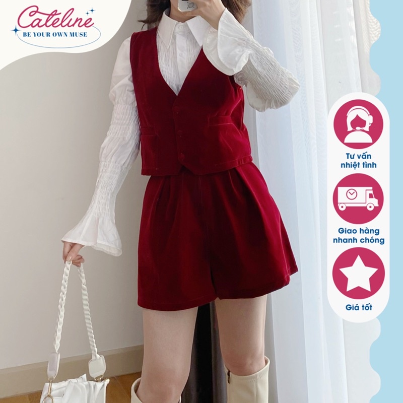 Set sơ mi nữ Cateline cổ đức tay bèo nhún gile short nhung tiểu thư sang chảnh - SCL004
