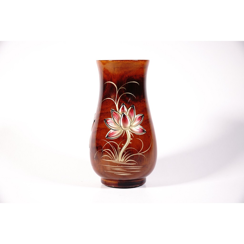 Bình hoa gỗ vẽ sen nổi thờ cúng củ huệ mỹ nghệ cao cấp - Cao 14cm