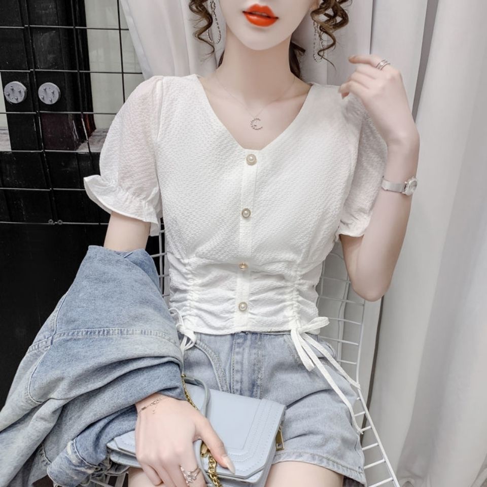 AMOI Áo Chiffon Tay Ngắn Cổ Chữ V Phối Dây Rút Thời Trang Phong Cách Phương Tây Cho Nữ
