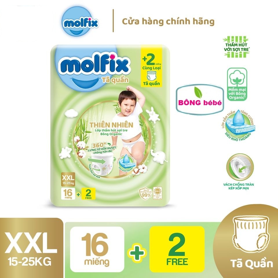 Tã quần Molfix thiên nhiên an toàn bông tự nhiên – Regular XXL (15kg - 25kg) - Gói 16+2 miếng