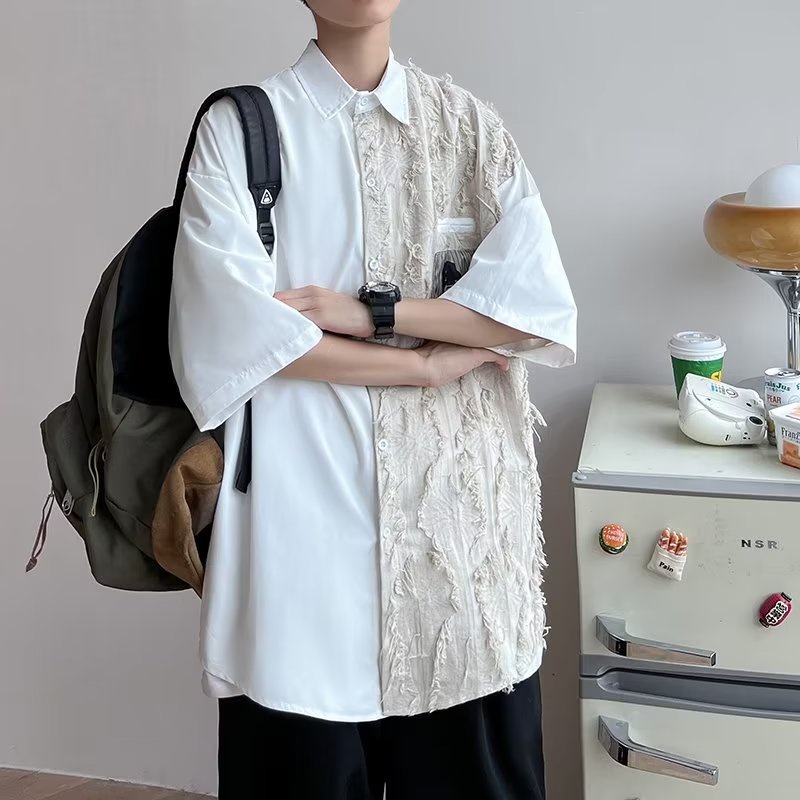 ♞AFF LIGA♞ Áo Sơ Mi Tay Ngắn Dáng Rộng Thoáng Khí Phối Màu Đen Trắng Phong Cách Hàn Quốc Thời Trang Mùa Hè Cho Nam