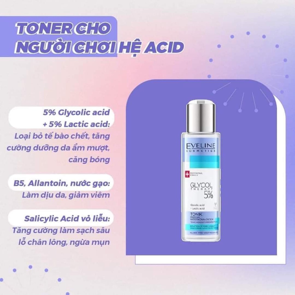 Toner Nước hoa hồng Eveline 5% Glycolic Acid tẩy da chết, ngừa mụn, mờ thâm 110ml