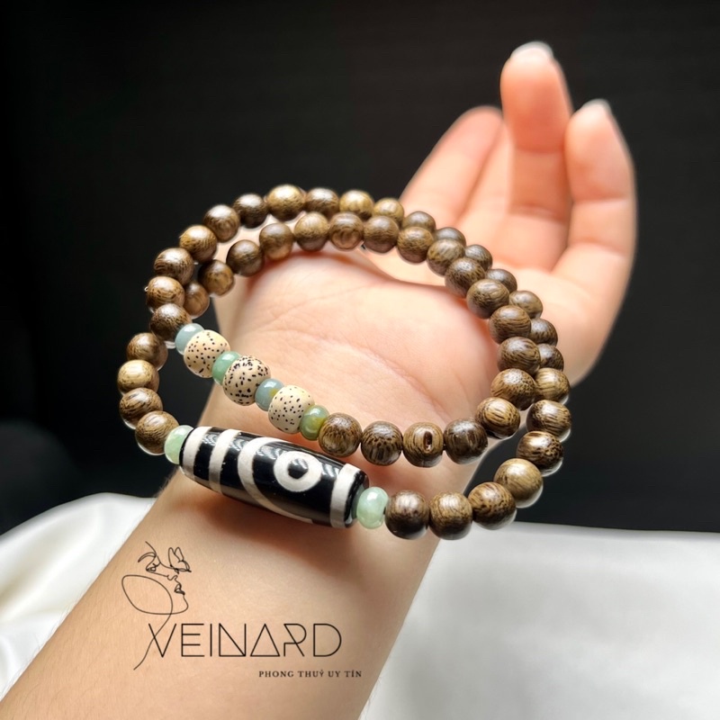 Vòng tay trầm gió vườn 6.8mm mix dzi 2 mắt