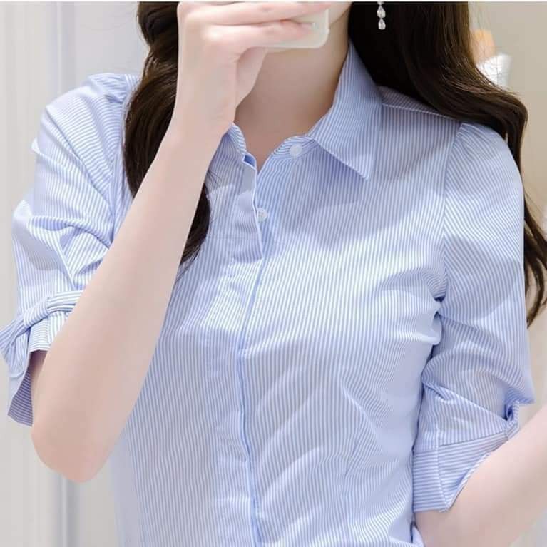Áo sơ mi nữ công sở Wexuu Design áo kiểu tay lỡ phối nơ dễ thương chất Kate cao cấp - BS07