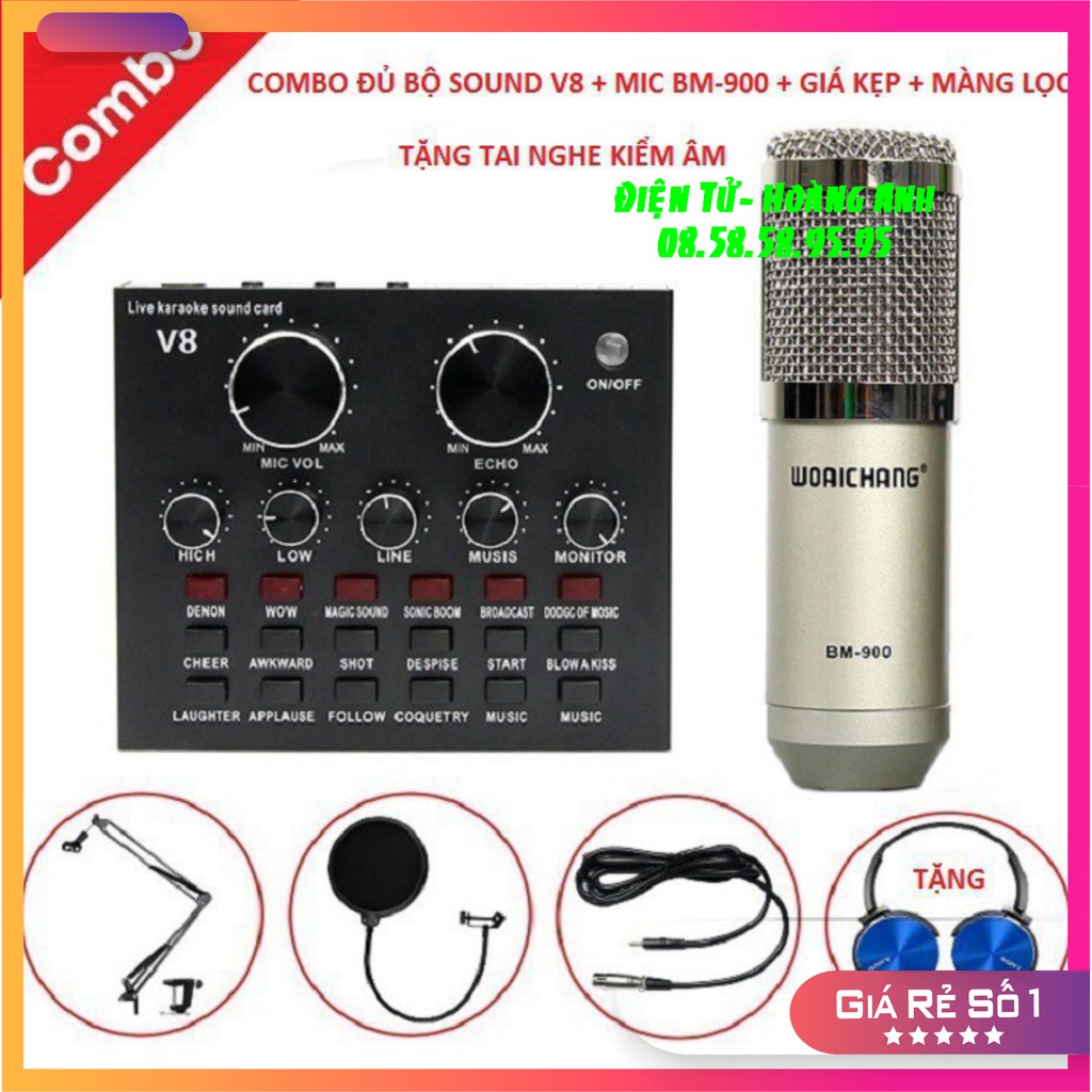 [Mã ELHACE giảm 4% đơn 300K] ComBo Đủ Bộ Sound car V8 - Mic BM 900 - Giá Kẹp - Màng lọc - Tặng Tai Nghe Kiểm Âm 2020