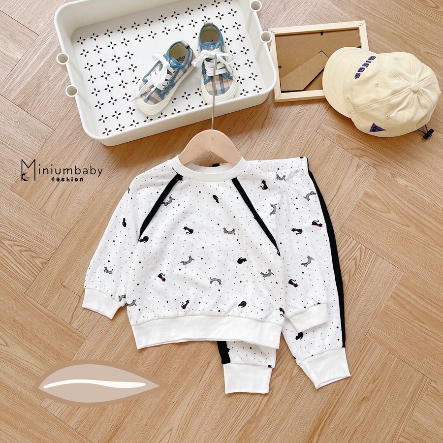 Bộ đồ dài tay quần dài thu đông cừu, chó, mèo cho bé gái chất liệu 100% cotton, miniumbabyfashion SB1295