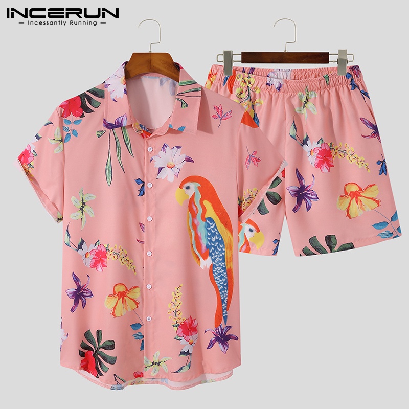 Set đồ 2 món INCERUN gồm áo sơ mi ngắn tay in họa tiết độc đáo + quần short thời trang cho nam