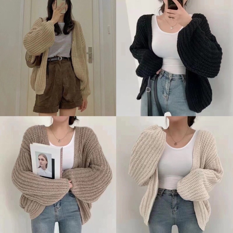 Áo khoác cadigan len móc tay bồng phong cách Hàn Quốc