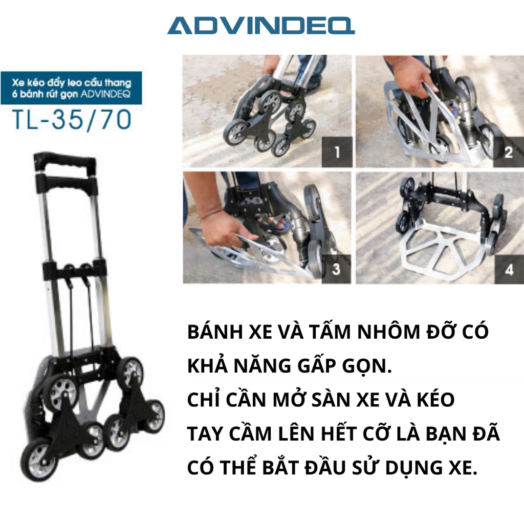 Xe đẩy hàng leo cầu thang gấp gọn ADVINDEQ TL-35/70, thiết kế 6 bánh linh hoạt, bảo hành 12 tháng toàn quốc