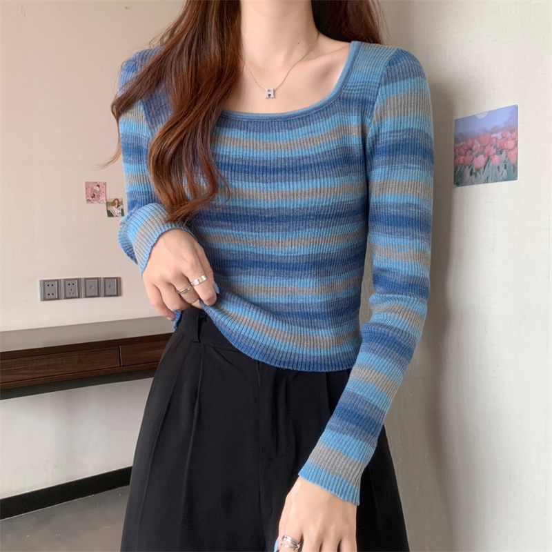 Áo kiểu ZHELIHANGFEI len dệt kim ôm dáng vừa vặn tay dài họa tiết kẻ sọc thời trang dành cho nữ