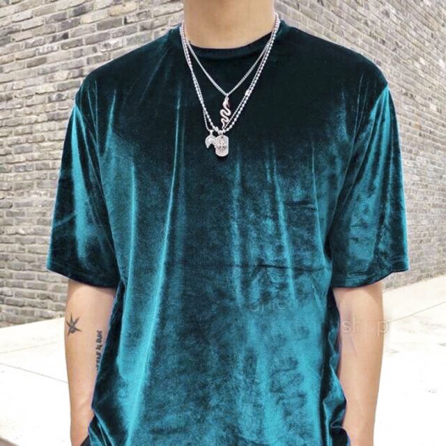 Áo thun nhung nam form rộng, tay lỡ - Xanh Cổ Vịt