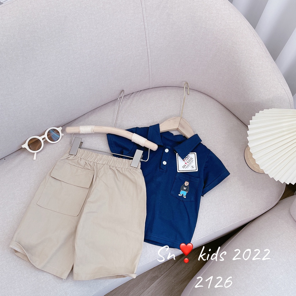 Quần áo cho bé trai, set áo có cổ gấu PO.LO kèm quần ngố kaki có túi cho bé