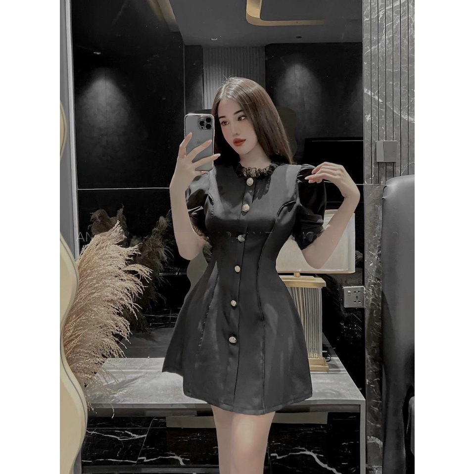 Váy đầm nữ dáng xòe đính hàng nút cổ phối ren snag chảnh