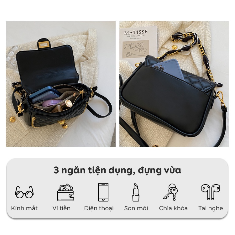 Túi xách nữ đeo vai và chéo trần trám MUNGA da mềm size 23 nhiều ngăn  dây xích phối vải TMG02
