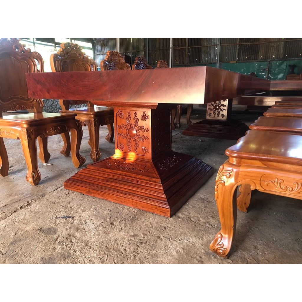 Bộ bàn ăn nguyên khối gỗ cẩm chỉ 10 ghế gõ đỏ mẫu louis siêu vip