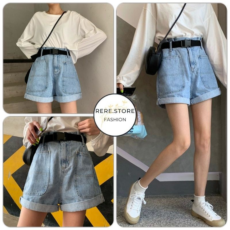 Quần Sooc Bò BIGTOE Phối Hai Túi Trước - Rere.Store [FREESHIP] - Short jean cạp cao ống rộng gập gấu Ulzzang