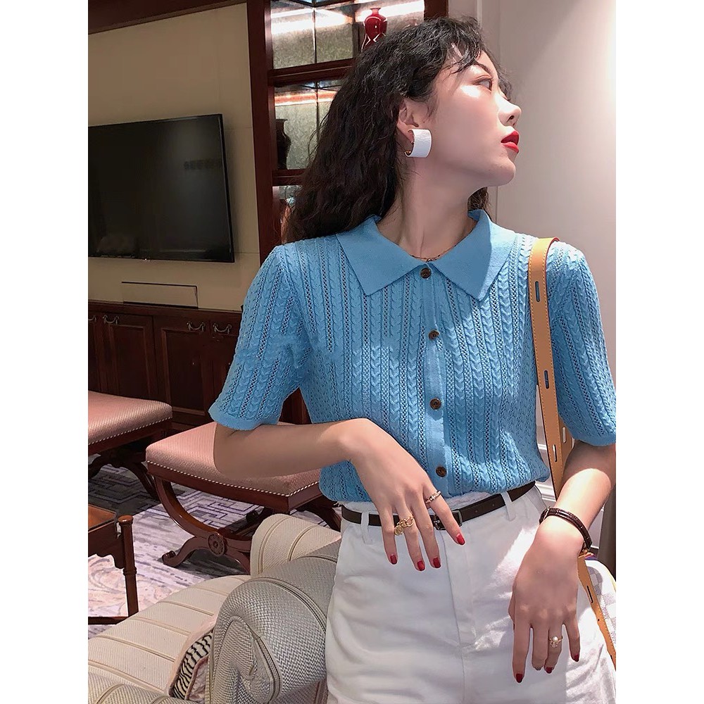 Áo dệt kim tay ngắn màu sắc đơn giản phong cách retro thời trang dành cho nữ