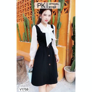 Đầm suông đen tay phối trắng kèm đai, váy đầm thiết kế chính hãng pk's house