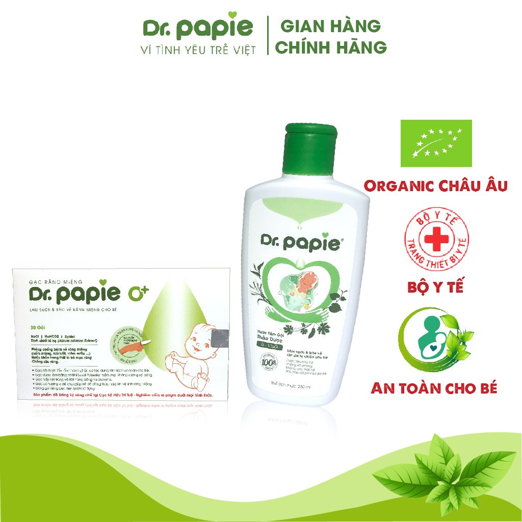 Combo 1 Nước Tắm Thảo Dược Dr Papie Và 1 Gạc Răng Miệng Dr Papie Cho Bé