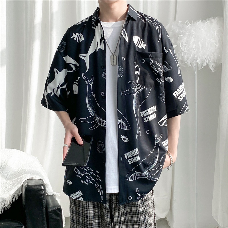 Short Sleeve Shirt With Cartoon Shark Print Korean Style Summer Fashion For Men 2022