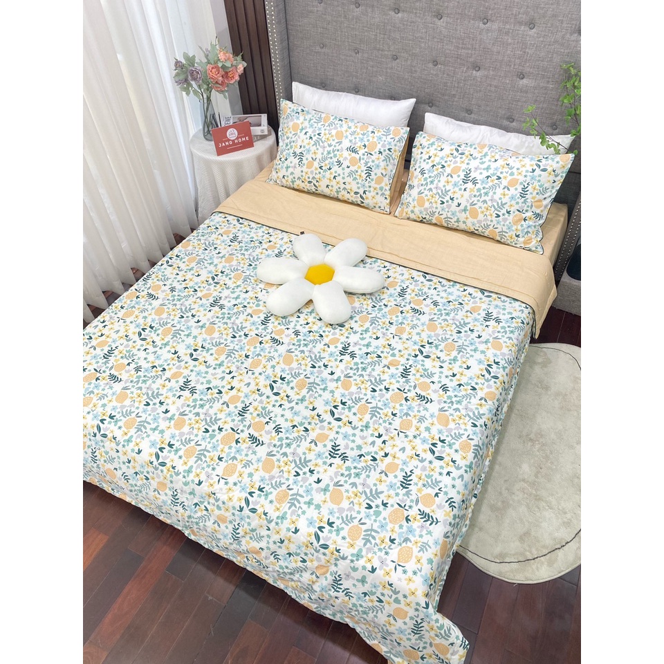 Bộ 5 món chăn ga gối Cotton Living họa tiết Vintage cao cấp, Chăn ga gối chất cotton 100% bền đẹp mềm mịn