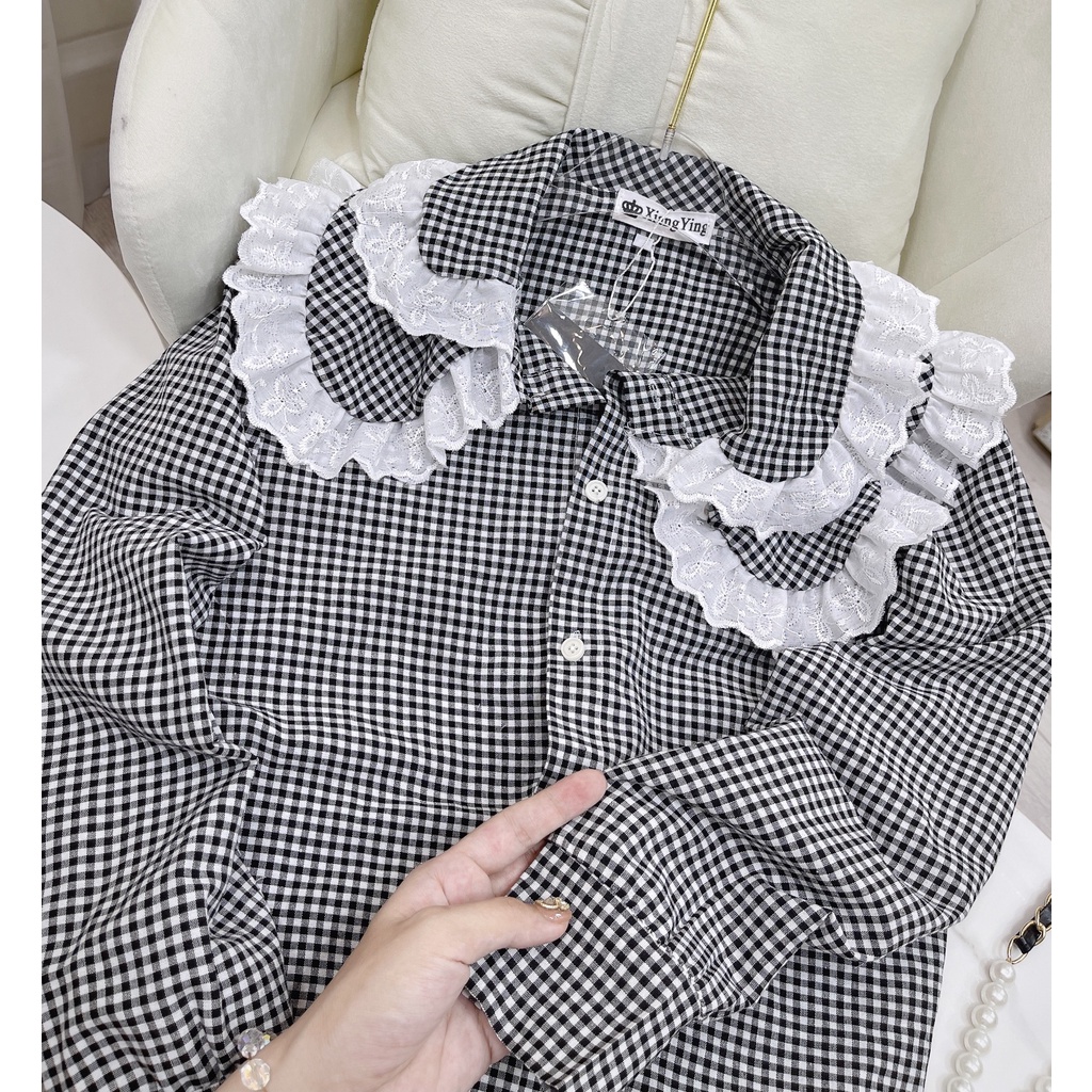 Áo sơ mi kẻ caro cổ bèo tầng tiểu thư áo sơ mi nữ kẻ xinh xắn LT001