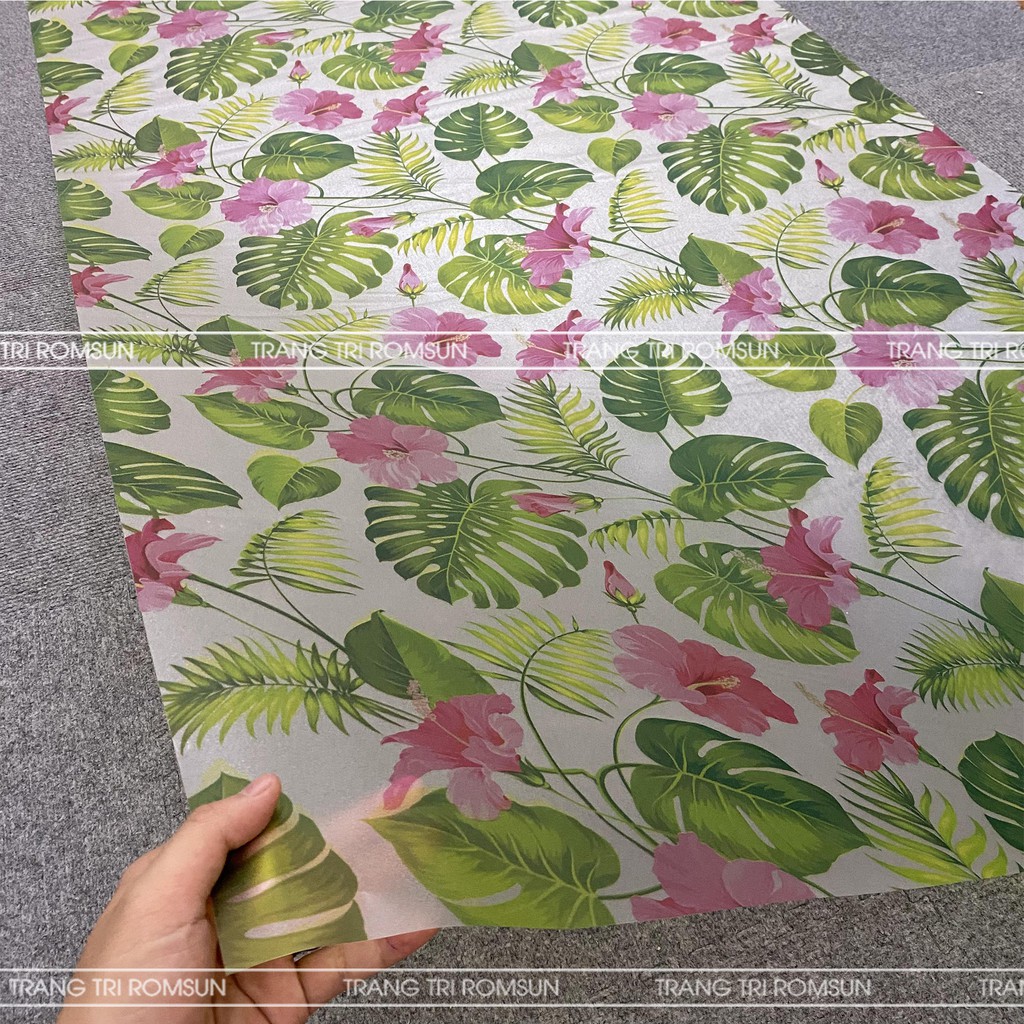 Decal dán kính phòng khách mờ chống thấm nước khổ 90cm lá xanh hoa hồng