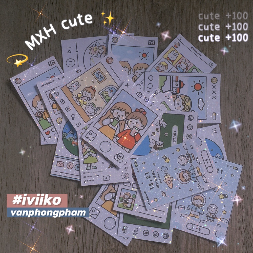 IVI IKO | Set sticker, card 12 hình nét vẽ MXH, điện thoại dễ thương