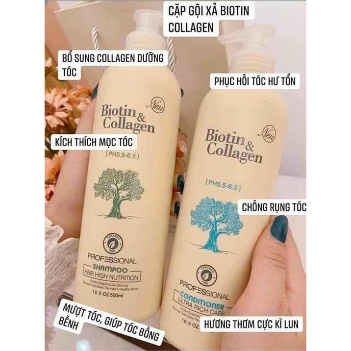 Cặp 2 dầu gội  và xả Biotin&amp;Colagen 1000ml :giảm rụng tóc , phục hồi tóc hư tổn.