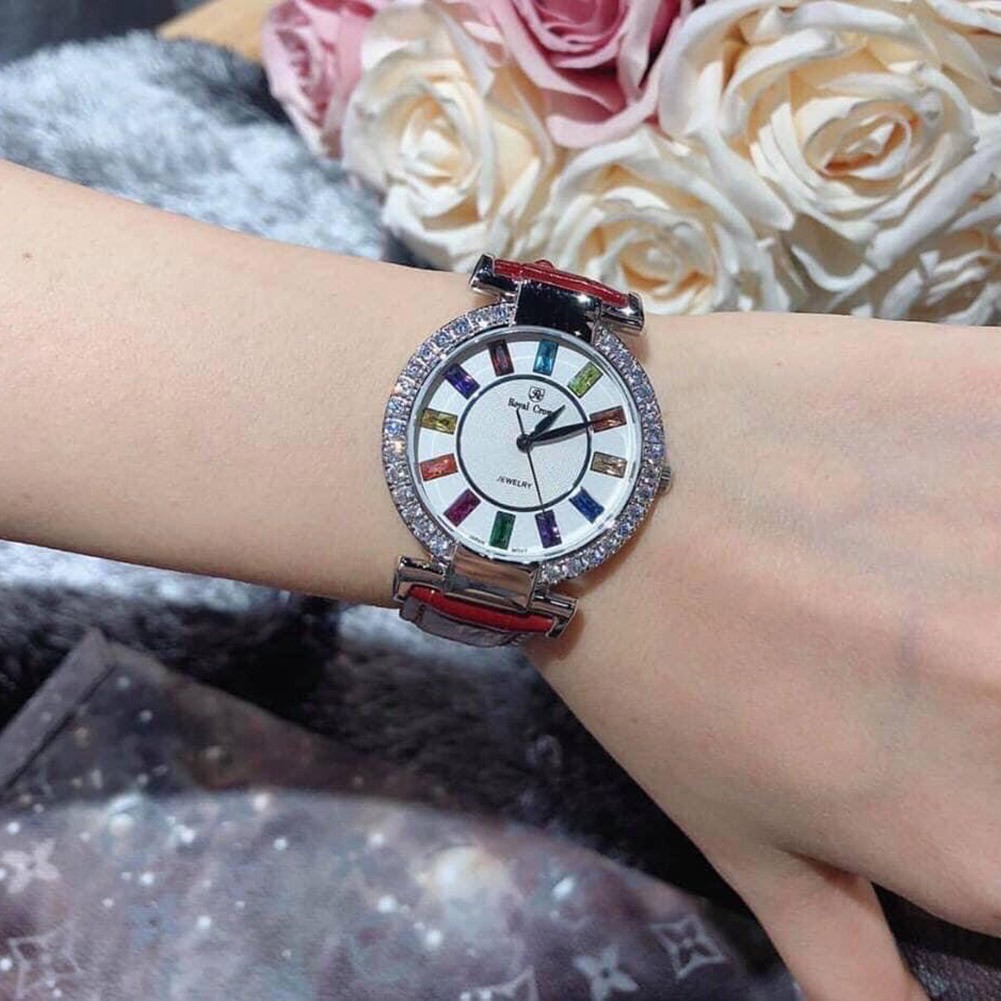 Đồng hồ nữ Royal crown 4640 mặt tròn đính đá dây da cao cấp - Bảo Hành 12 Tháng