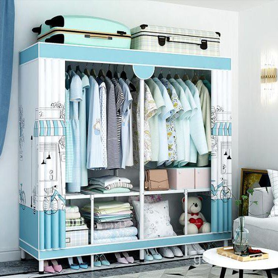 Khuyến Mãi Lớn Trong Thời Gian Giới Hạn tủ vải khung gỗ 2 buồng Cực Tiện Lợi có bảo hành để quần áo Bọc Nhựa Chống Ẩm Mố