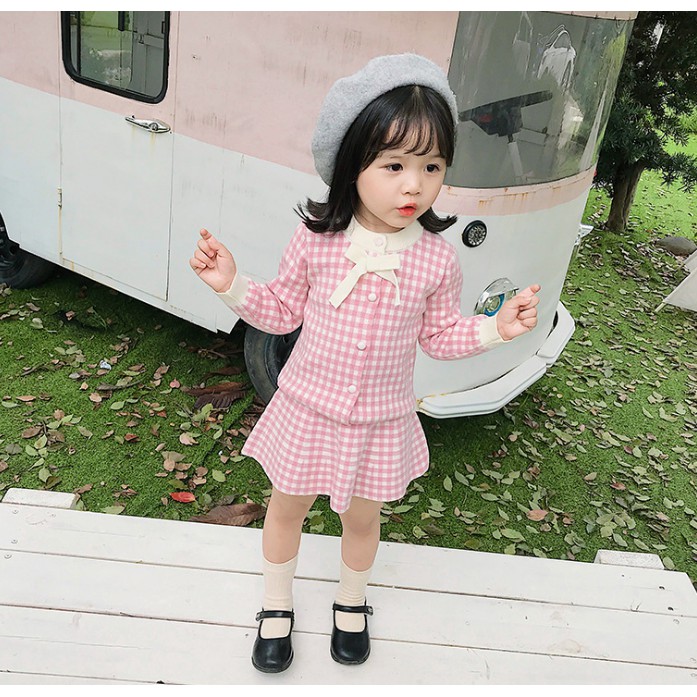 Set áo len và chân váy len kẻ caro dáng học sinh bé gái - candy house