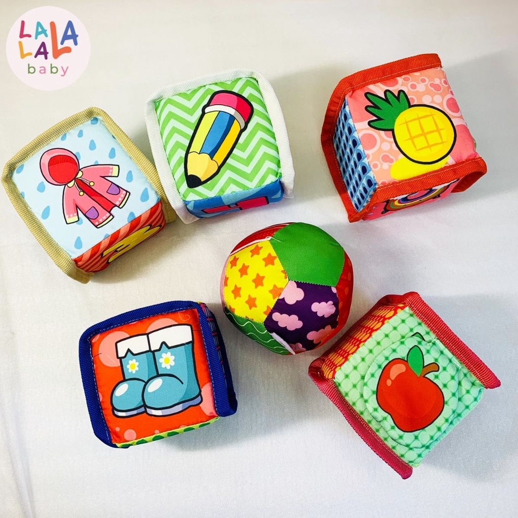 Bộ 5 Hình khối xúc xắc đa tương tác Kèm Bóng vải cho bé Lalala Baby (FARM BLOCK)