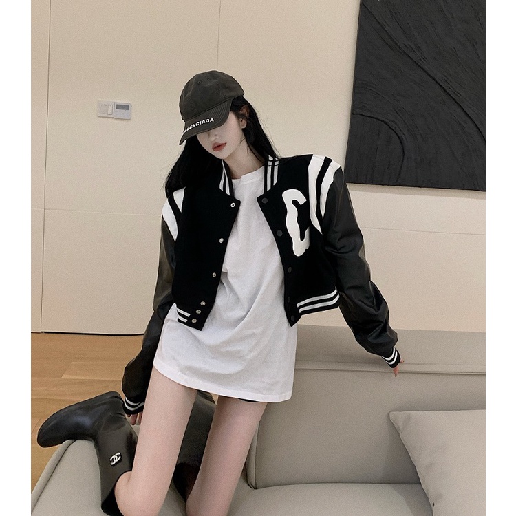 Áo khoác bóng chày dài tay dáng rộng có khóa kéo màu sắc tương phản in chữ độc đáo thời trang mùa thu cho nữ