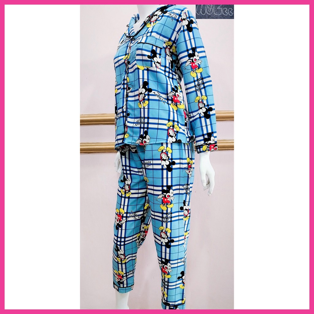 [FREESIZE] Đồ bộ mặc nhà Pijama HUGEE cao cấp vải Kate Thái loại 1 màu xanh dương Sọc họa tiết Mickey A028