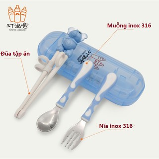 Bộ muỗng đũa nĩa tập ăn Inox 316 cao cấp cho bé-Three Daddies