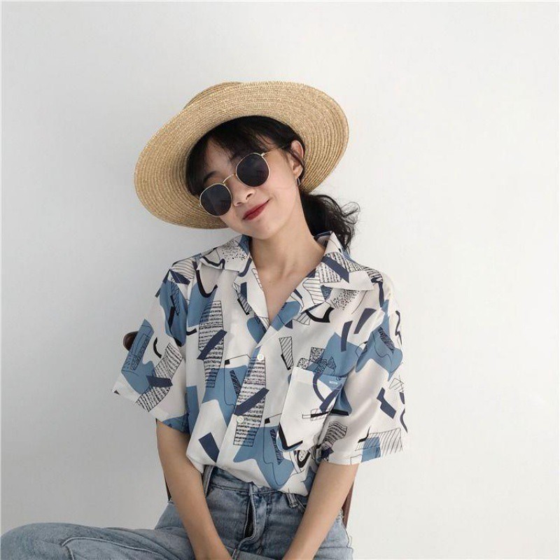 Áo chiffon nữ cổ chữ V in họa tiết phong cách retro