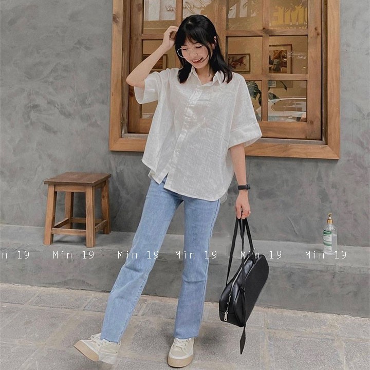 Áo sơ mi nữ đẹp công sở form rộng bigsize kiểu tay ngắn cá tính họa tiết trơn mặc đi học màu trắng xanh thời trang