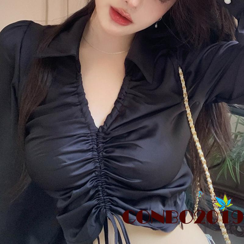 Áo Sơ Mi Crop Top Vải Satin Tay Phồng Cổ Chữ V Màu Trơn Phối Dây Rút Phía Trước Cho Nữ