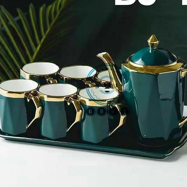 BỘ ẤM CHÉN PHA TRÀ CÀ PHÊ KÈM KHAY VIỀN VÀNG CAO CẤP
