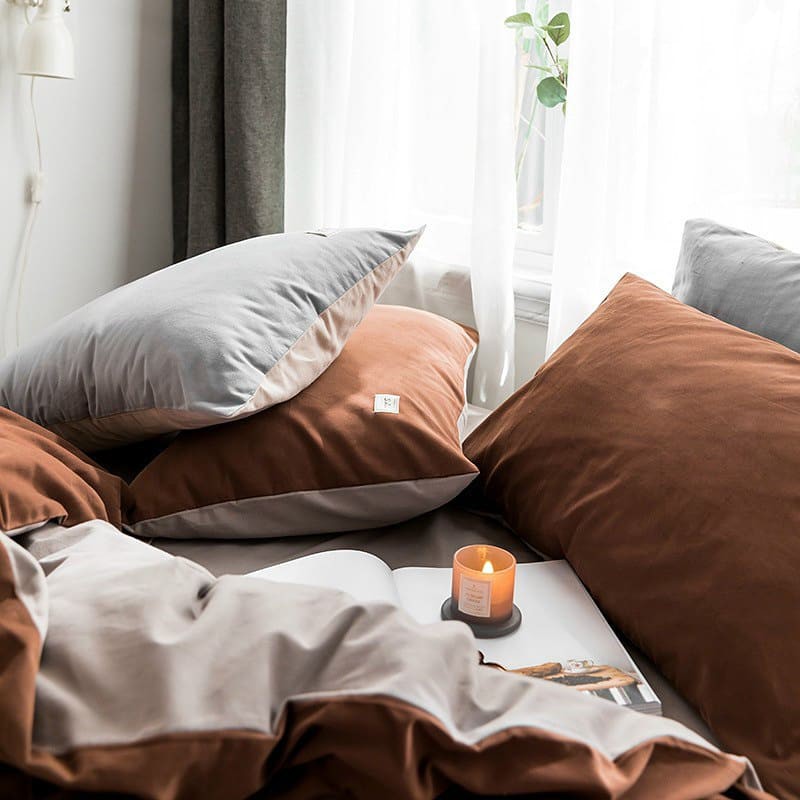 Bộ chăn ga gối đệm trải giường cotton tici bedding nhập khẩu Hàn Quốc  mẫu nâu vintage phối màu mới nhất - Ngân Khánh