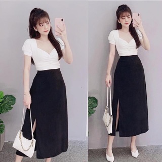 Chân váy midi xẻ tà màu đen
