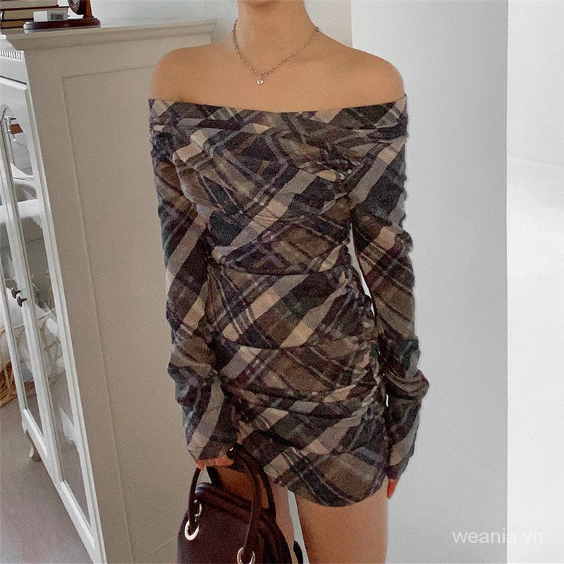 Đầm tay dài trễ vai dáng ôm sọc ca rô thời trang cho nữ