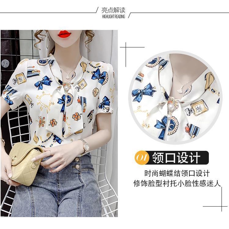 Áo sơ mi chiffon tay ngắn phồng in hoa thời trang mùa hè cho nữ