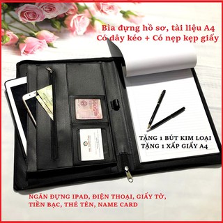 Bìa đựng hồ sơ da A4 sang trọng CS.02 Matab có dây kéo + Tặng 1 bút kim loại cao cấp + Tặng 1 xấp giấy A4