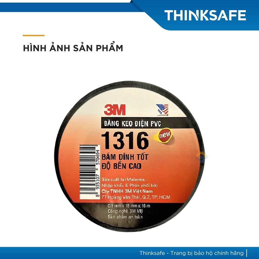 Băng keo điện PVC 3M 1316, cách điện, chịu nhiệt, chống nước, quấn dây an toàn lên đến 600V - Thinksafe
